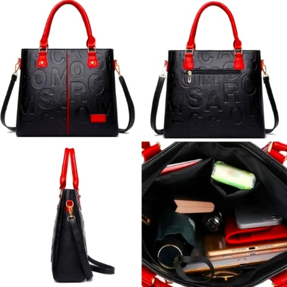 Black/Red Colorblock Geometric Embossed Lettering Crossbody Tote, NWOT - Picture 9 of 12